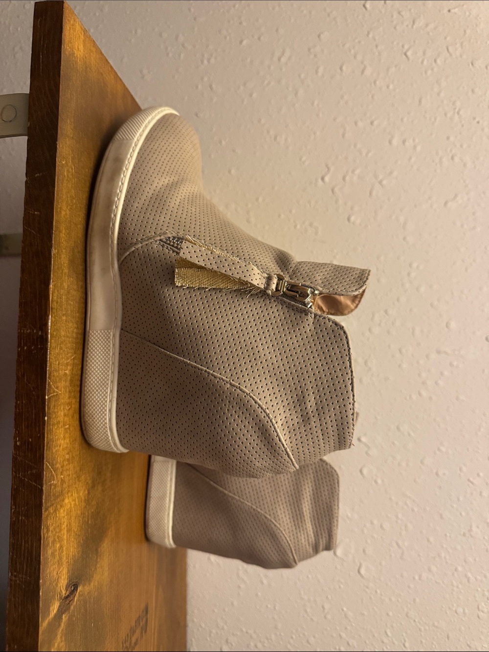 Perforated Taupe Wedge Sneaker Boot with Gold Zip Accent